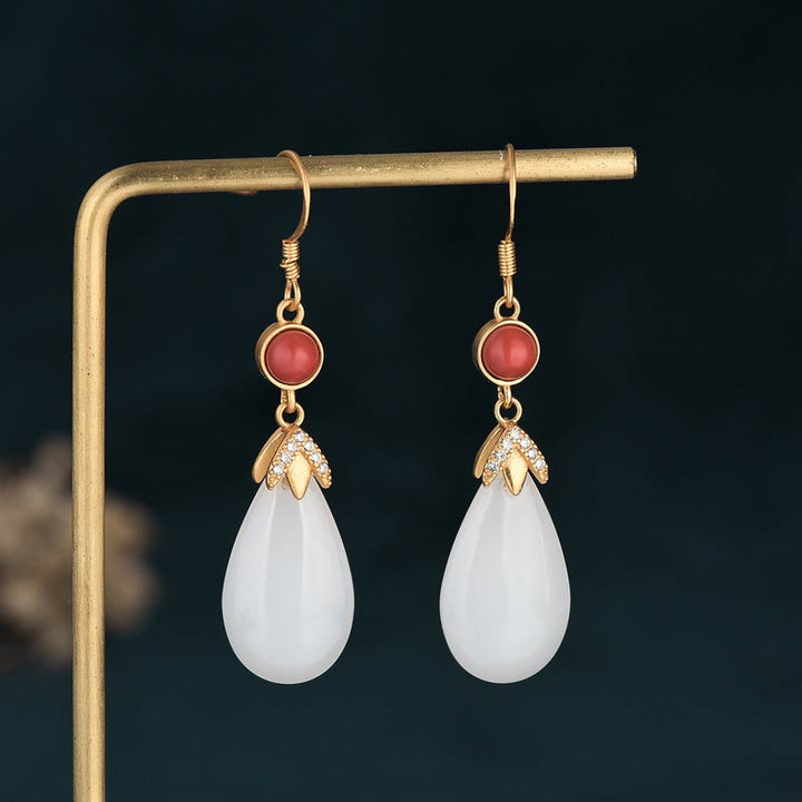 Boucles d'oreilles pendantes porte-bonheur en jade blanc Feng Shui Buddha Stones