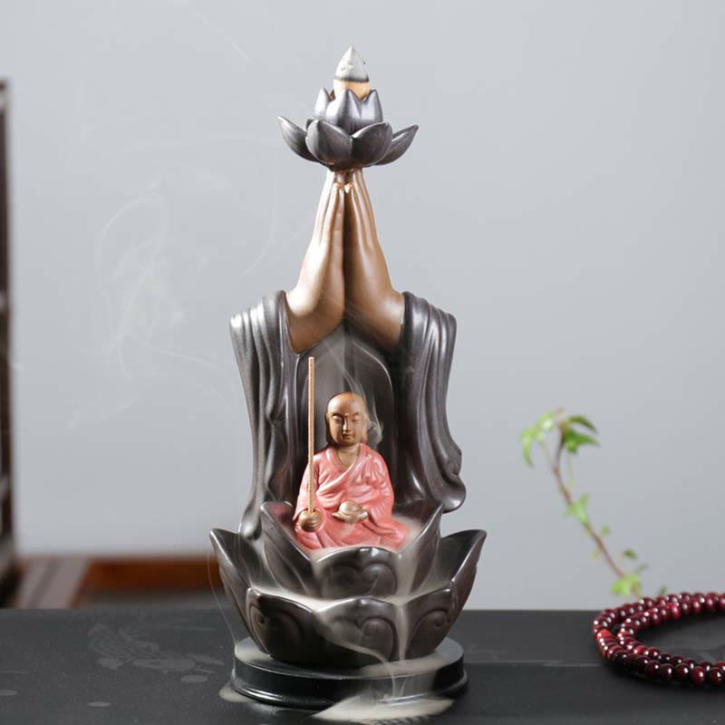 Brûleur d'encens à reflux en céramique Bouddha Avalokitesvara Chenrezig Ksitigarbha avec bénédiction du lotus
