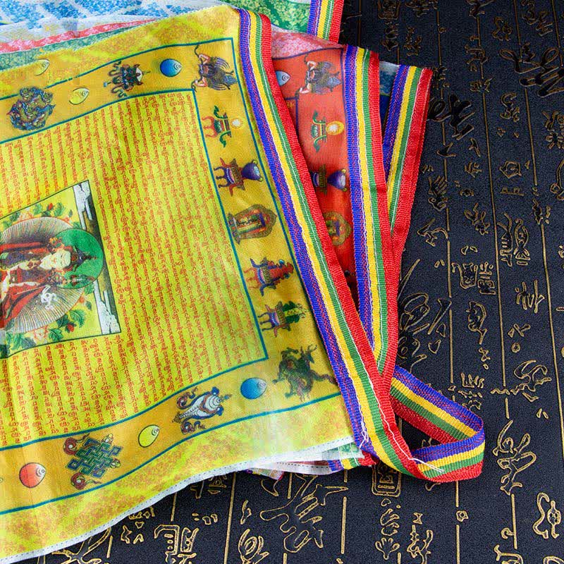 Buddha Stones Drapeau de prière extérieur tibétain à cinq couleurs représentant le Bouddha du Cheval de Vent et Tara, symbole de guérison et de bon augure - image 4