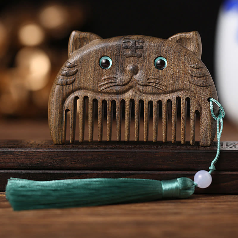 Mini peigne portable en bois de santal vert avec symbole du zodiaque chinois - Bois de Chacate Preto - Tigre - image 7