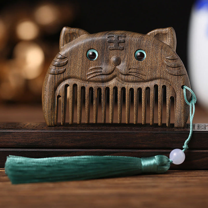 Mini peigne portable en bois de santal vert avec symbole du zodiaque chinois - Bois de Chacate Preto - Tigre - image 7