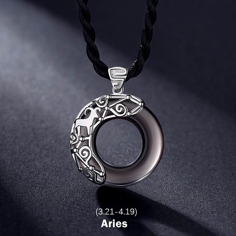 Collier pendentif rond en obsidienne glacée avec 12 constellations du zodiaque de Buddha Stones - Bélier - Corde - image 0