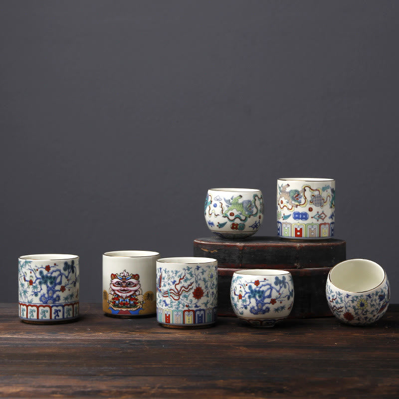 Buddha Stones Vintage Fleur de Prunier Pin Bambou Phénix Kirin Lion Dansant Tasse à Thé en Céramique Tasses à Thé