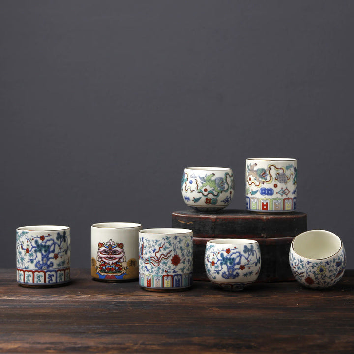 Buddha Stones Vintage Fleur de Prunier Pin Bambou Phénix Kirin Lion Dansant Tasse à Thé en Céramique Tasses à Thé