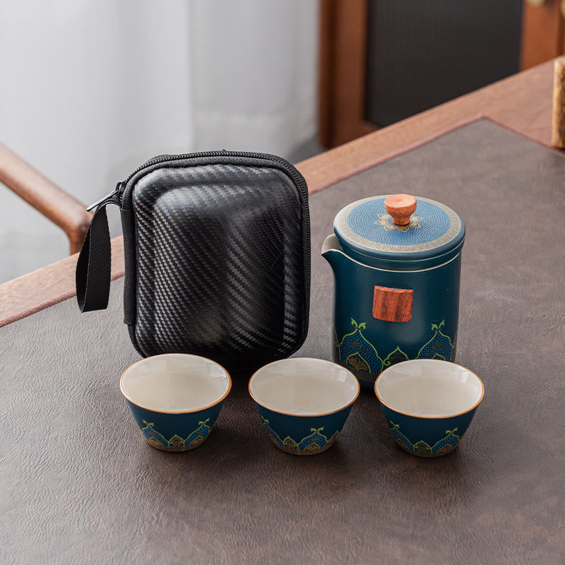 Théière chinoise Gongfu en céramique avec Buddha Stones - Cyan - 1 théière + 3 tasses + 1 sachet - image 1