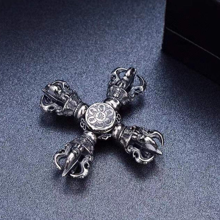 Pendentif de puissance spirituelle gravé double Dorje Vajra en argent sterling 925 tibétain Buddha Stones