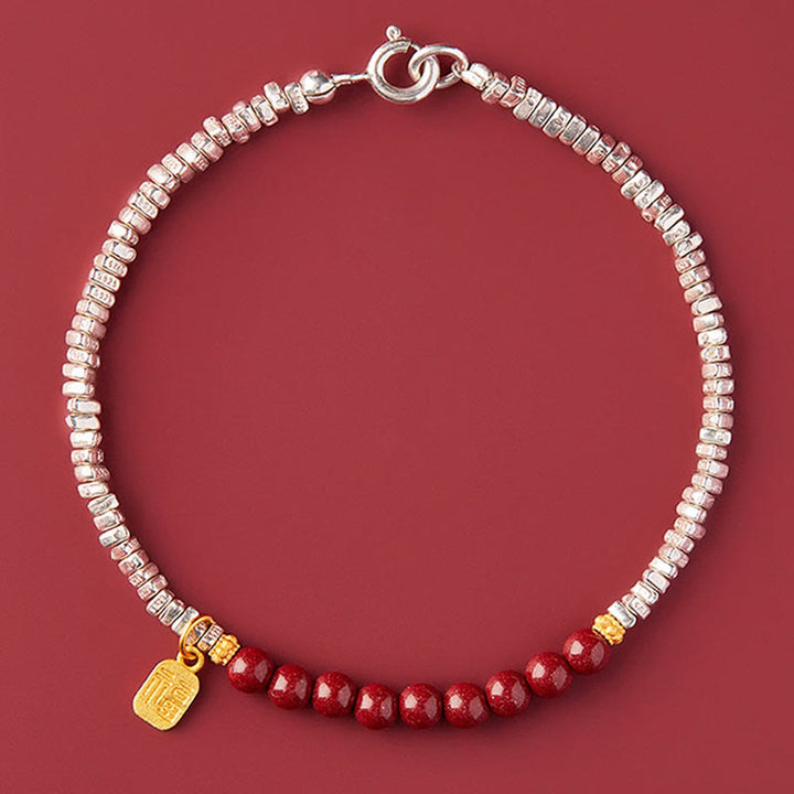Bracelet de bénédiction du personnage Fu en argent sterling 925 et cinabre de Buddha Stones - Personnage Cinnabar&Fu (Tour de poignet 15-18 cm) - image 4