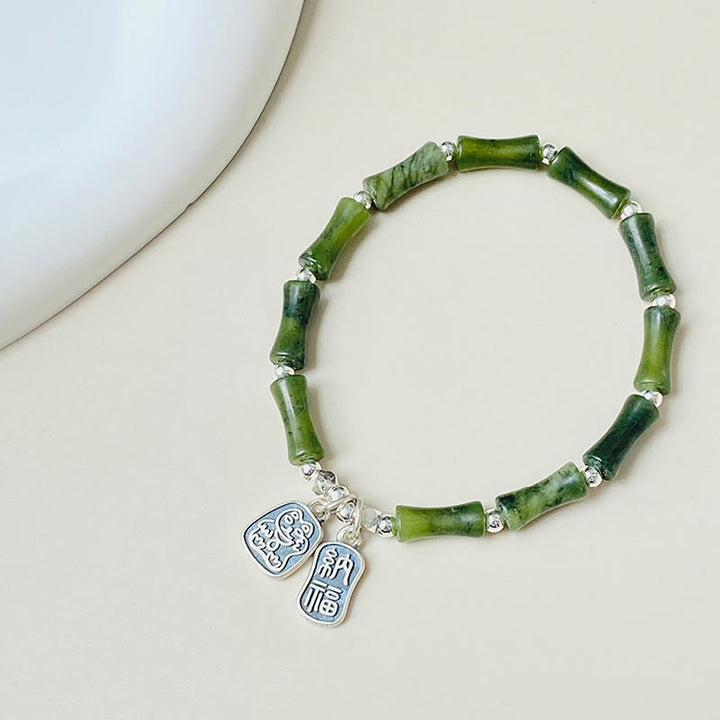 Bracelet en argent sterling 925 Buddha Stones et jade en bambou, chat porte-bonheur, personnage Fu, chance et abondance - image 8