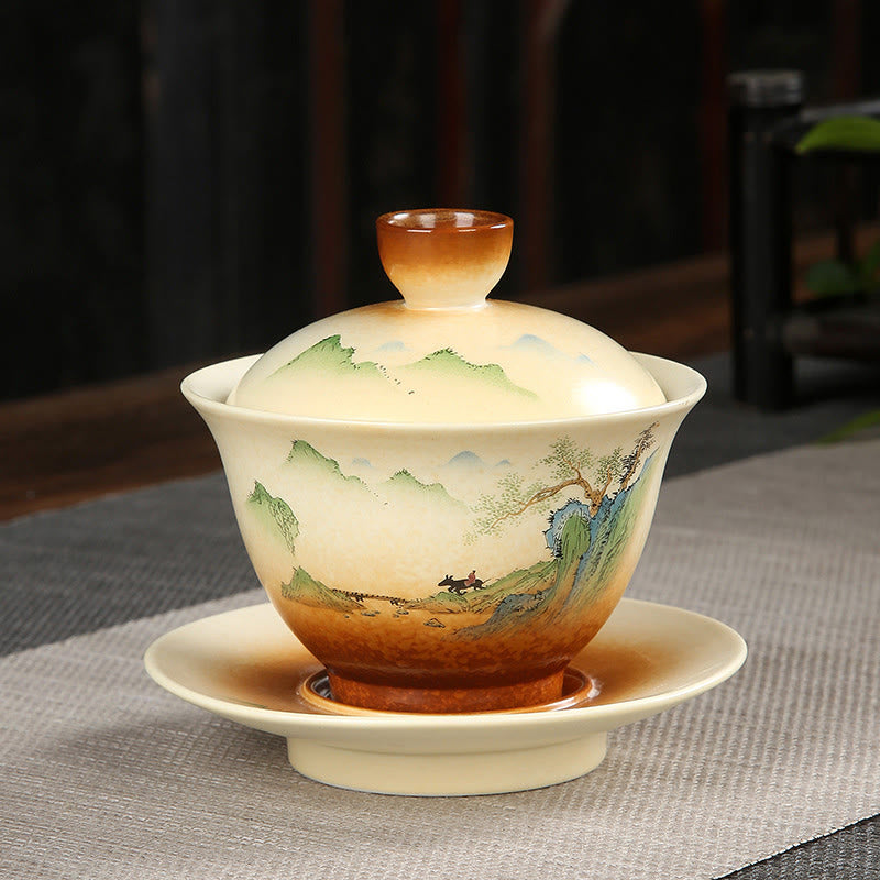 Buddha Stones Paysage de montagne Campagne Céramique Gaiwan Sancai Tasse à thé Kung Fu Tasse à thé et soucoupe avec couvercle - 11 cm × 10 cm × 100-130 ml - image 0