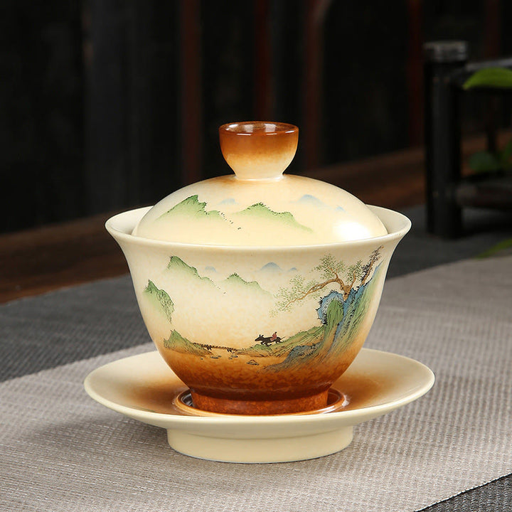 Buddha Stones Paysage de montagne Campagne Céramique Gaiwan Sancai Tasse à thé Kung Fu Tasse à thé et soucoupe avec couvercle