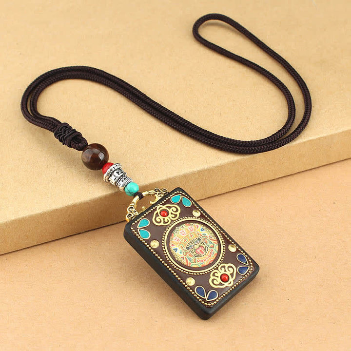 Collier pendentif en ébène Thangka Buddha Stones Tibet Dieu de la richesse