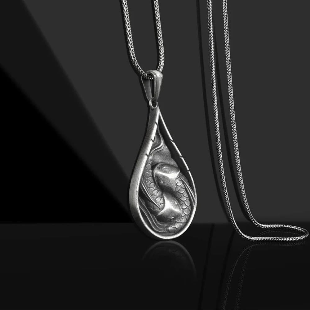 Collier pendentif en forme de goutte d'eau en étain pur avec double poisson porte-bonheur Koi et Buddha Stones - image 2