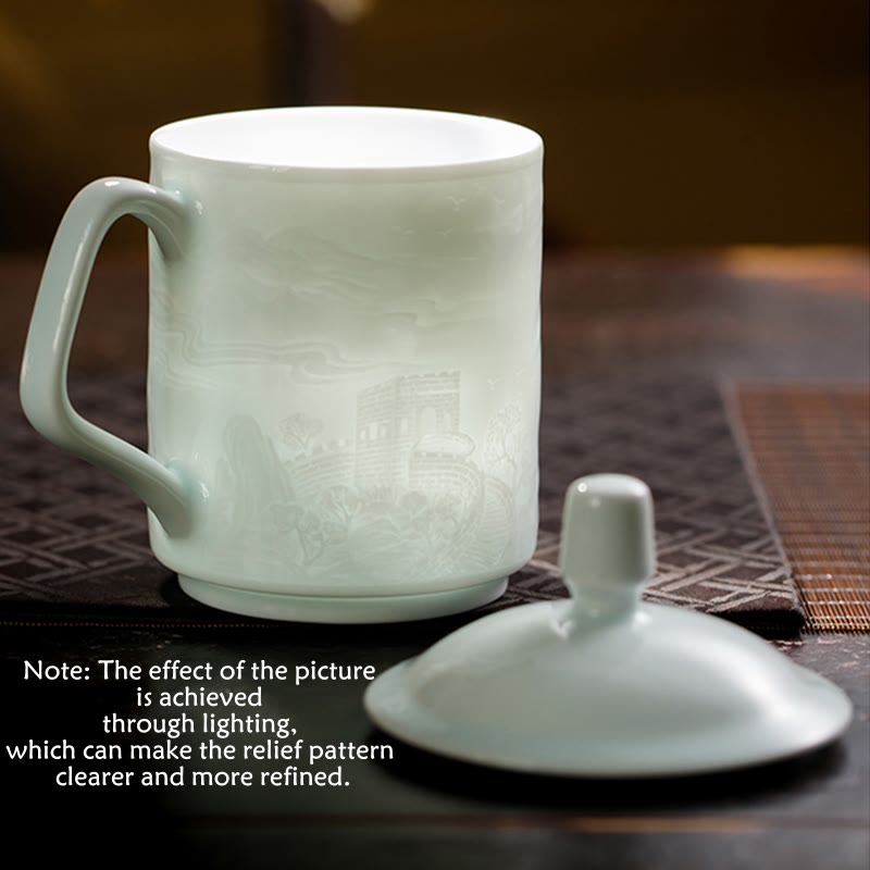 Tasse à thé en céramique gravée à la main en porcelaine blanche de Jingdezhen Buddha Stones et paysage de la Grande Muraille