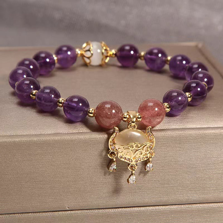 Bracelet de guérison à breloques en forme de cadenas chinois en améthyste naturelle et quartz fraise œil de chat - image 3