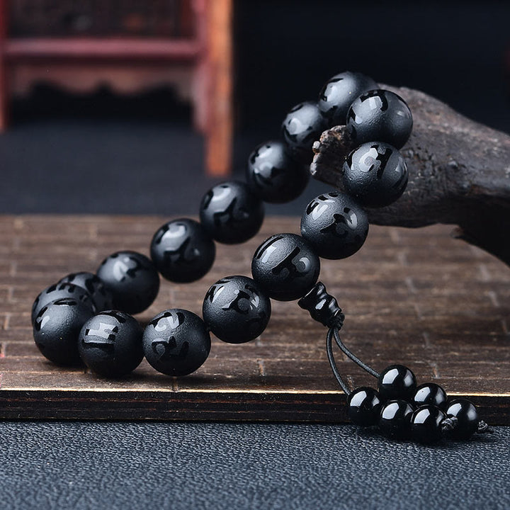 Bracelet de méditation en onyx noir et cristal blanc Buddha Stones du Tibet Om Mani Padme Hum