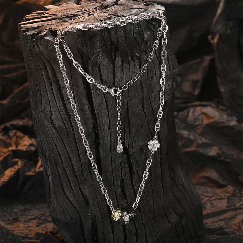 Collier avec pendentif en chaîne énergétique porte-bonheur en argent sterling 925 avec Buddha Stones et motif floral rétro de la dynastie Tang