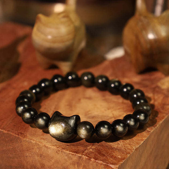 Bracelet de protection porte-bonheur en obsidienne dorée et argentée avec Buddha Stones et jolie patte de chat porte-bonheur - image 4