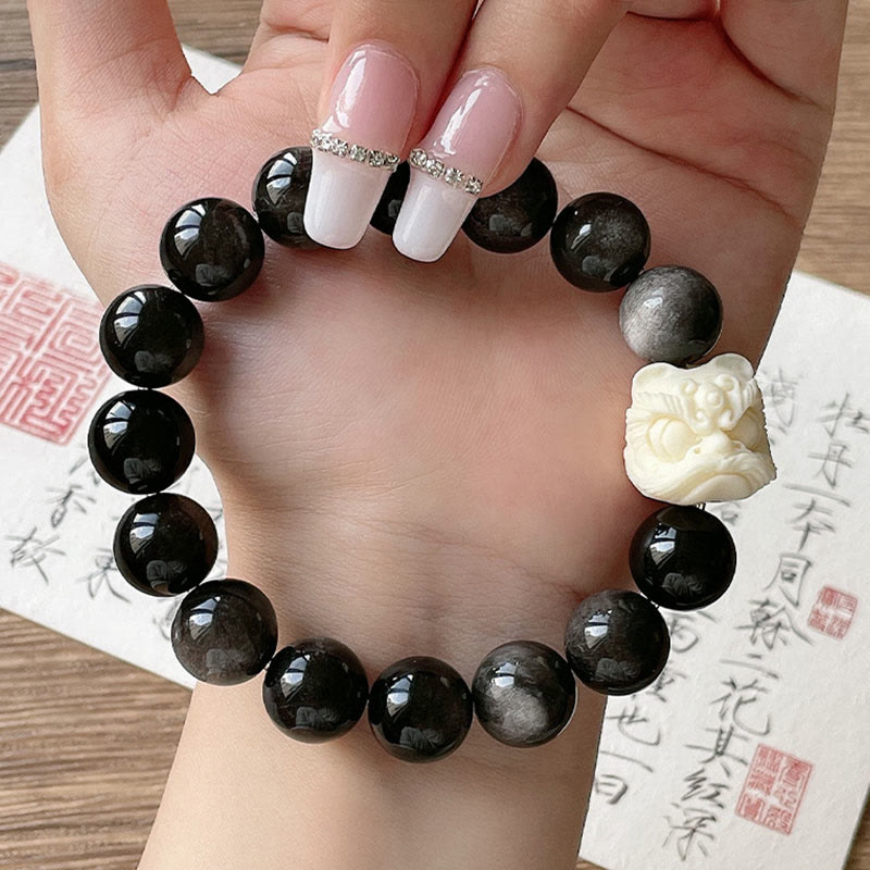 Bracelet de protection en obsidienne argentée et brillante de Buddha Stones , graine de Bodhi, ivoire, fruit, lion dansant
