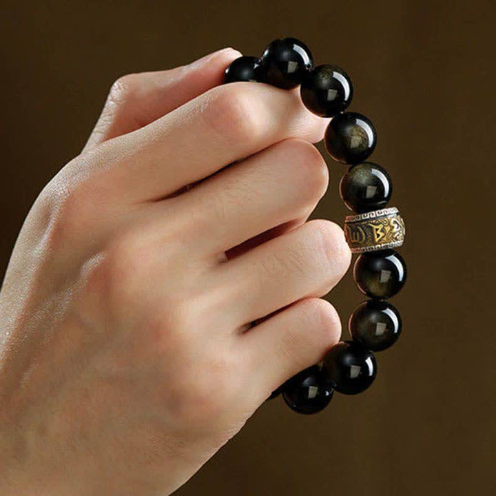 Bracelet de protection en Buddha Stones dorée et brillante PiXiu Cinabre Om Mani Padme Hum