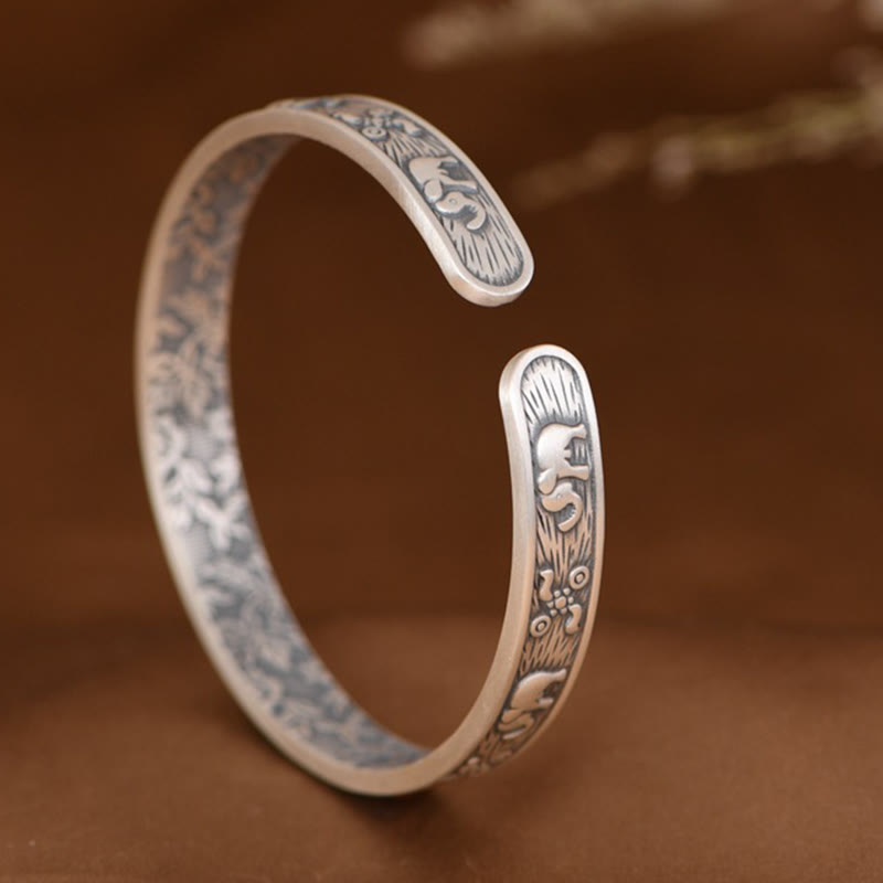 Bracelet manchette en argent sterling 999 avec Buddha Stones et éléphant