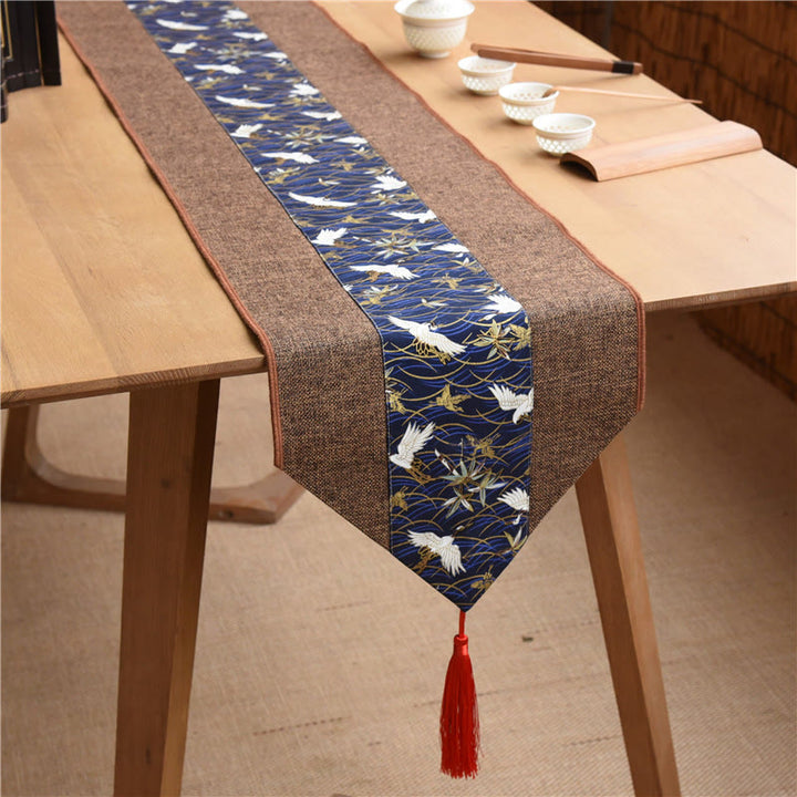 Chemin de table en coton et lin avec pompons, Buddha Stones, style chinois classique, lotus, poisson koï, fleur, grue, calligraphie, illumination
