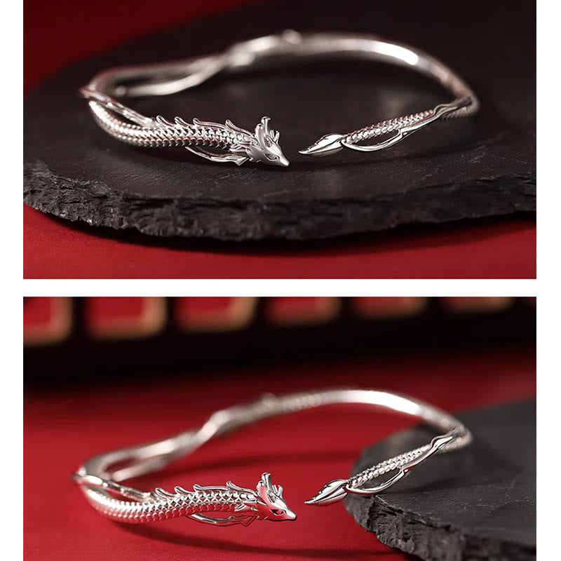Bracelet manchette porte-bonheur en métal Buddha Stones en argent sterling 925 et motif année du dragon