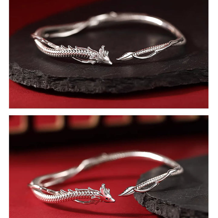 Bracelet manchette porte-bonheur en métal Buddha Stones en argent sterling 925 et motif année du dragon