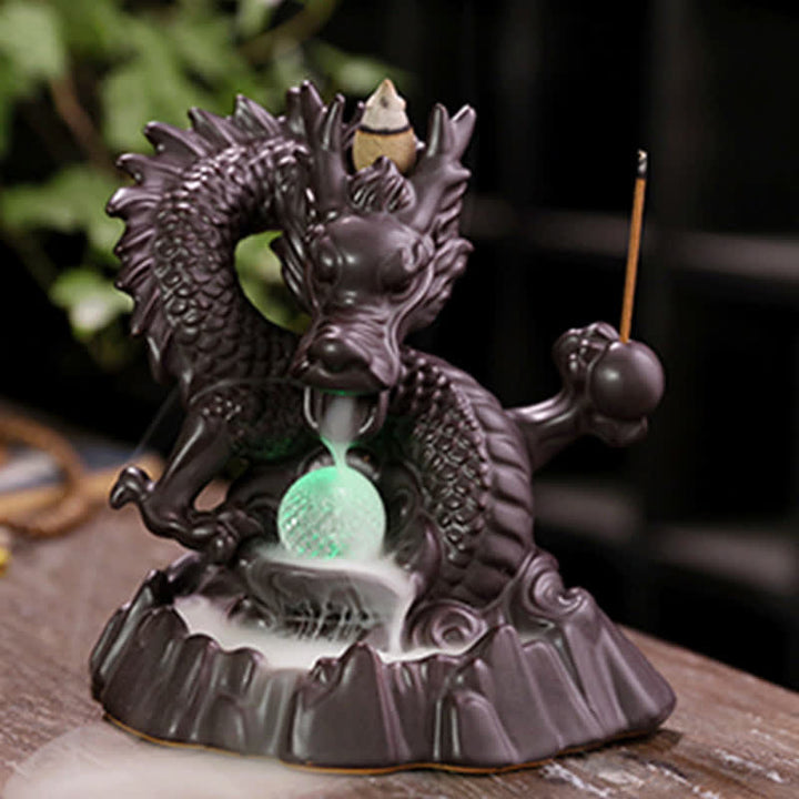 Fontaine à fumée à reflux en céramique avec Buddha Stones et dragon de bon augure, brûleur d'encens de guérison et de méditation, boule à LED décorative