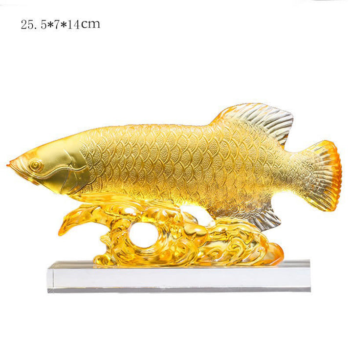 Pièce d'art en cristal de poisson Koi faite à la main Liuli, décoration de bureau à domicile porte-bonheur - Or moyen et base - image 11