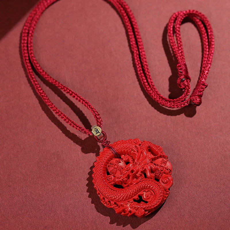 Collier pendentif porte-bonheur en argent sterling 925 avec pièce de cuivre cinabre naturel de l'année du dragon Buddha Stones