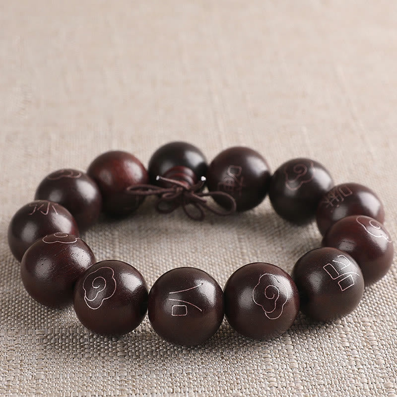Bracelet de protection en argent sterling 925 avec petites feuilles incrustées de Buddha Stones en bois de santal rouge Om Mani Padme Hum et nuages de bon augure