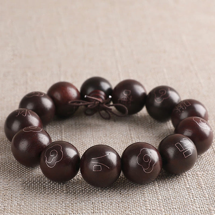 Bracelet de protection en argent sterling 925 avec petites feuilles incrustées de Buddha Stones en bois de santal rouge Om Mani Padme Hum et nuages de bon augure