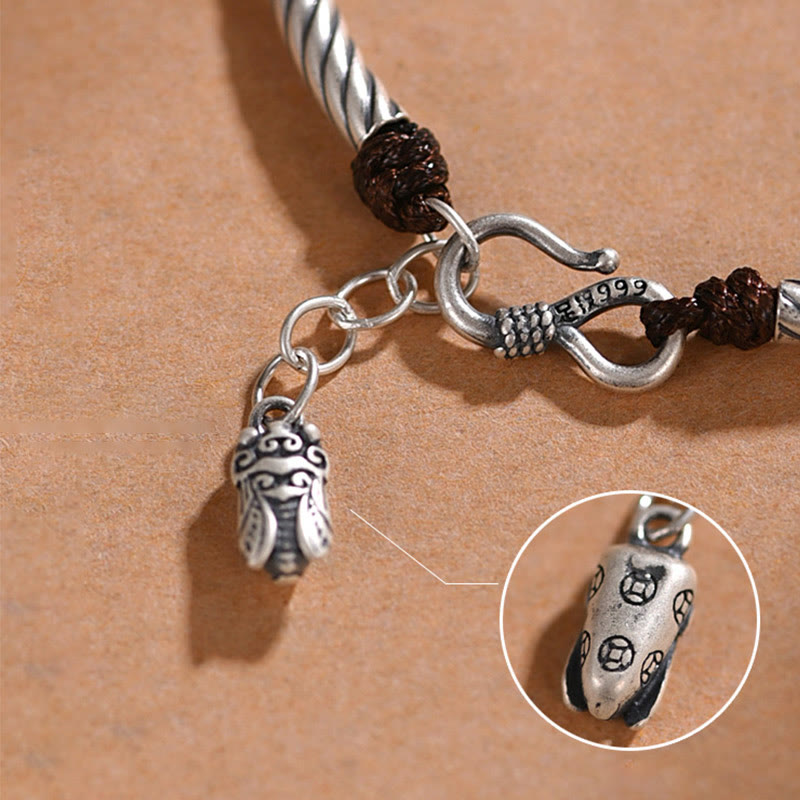 Bracelet porte-bonheur en argent sterling 999 avec motif de cigale en bambou et Buddha Stones