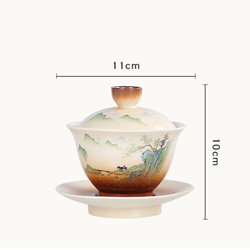 Buddha Stones Paysage de montagne Campagne Céramique Gaiwan Sancai Tasse à thé Kung Fu Tasse à thé et soucoupe avec couvercle