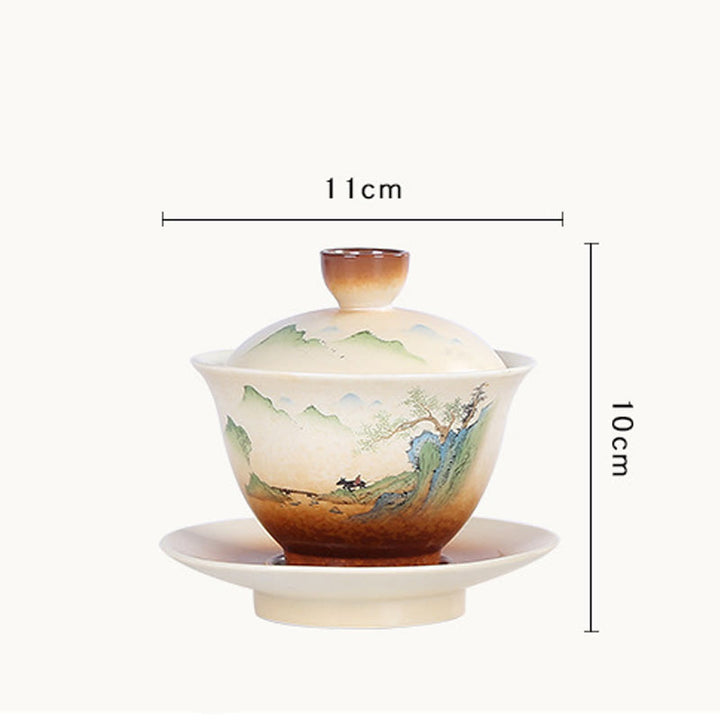 Buddha Stones Paysage de montagne Campagne Céramique Gaiwan Sancai Tasse à thé Kung Fu Tasse à thé et soucoupe avec couvercle