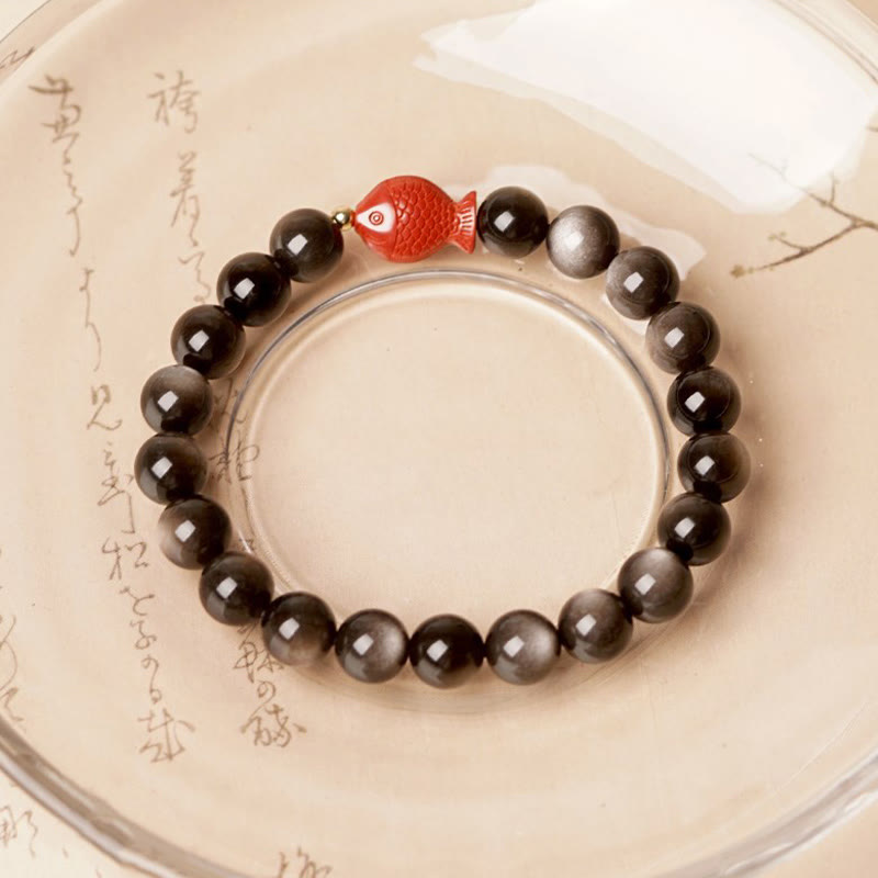 Bracelet de protection apaisante en obsidienne et cinabre avec Buddha Stones et reflets argentés naturels