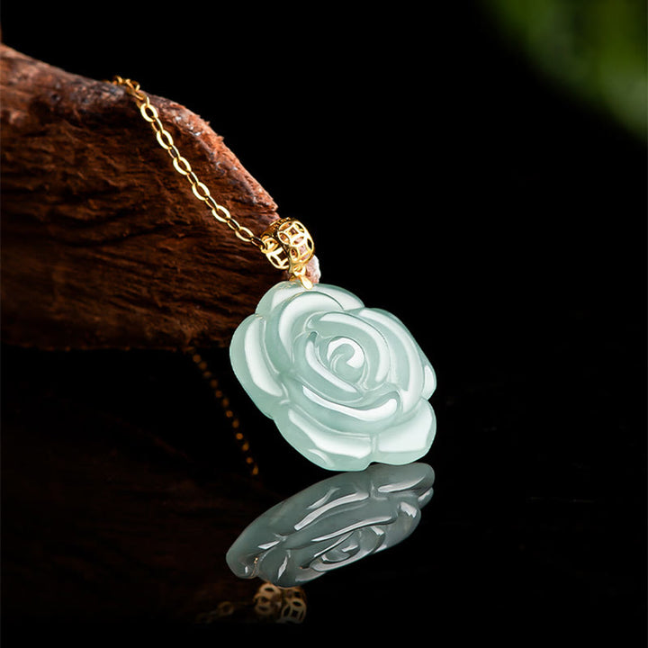 Collier pendentif porte-bonheur en jade naturel rose en argent sterling 925 et or 18 carats avec pierres de Buddha Stones