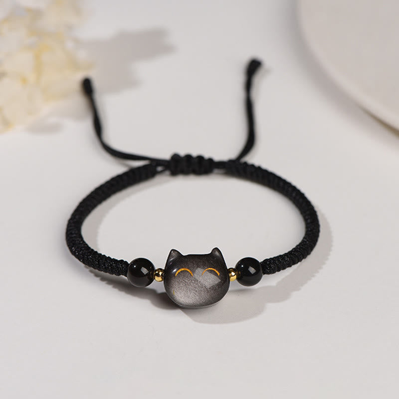 Bracelet tressé fait main en obsidienne naturelle argentée et brillante en quartz fraise avec protection pour chat mignon - Obsidienne argentée (Communication ♥ Apaisante) - Chat souriant - image 1