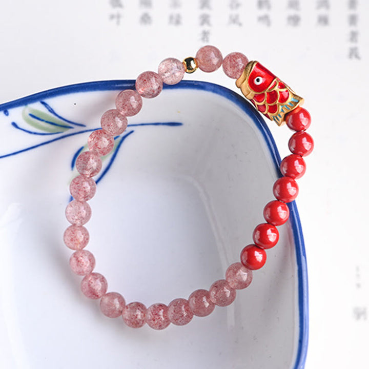 Bracelet de guérison porte-bonheur en quartz fraise et cinabre en Buddha Stones