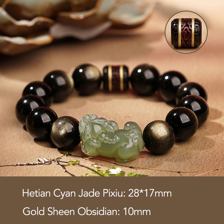 Bracelet de richesse PiXiu en jade cyan Hetian en obsidienne naturelle et dorée avec Buddha Stones