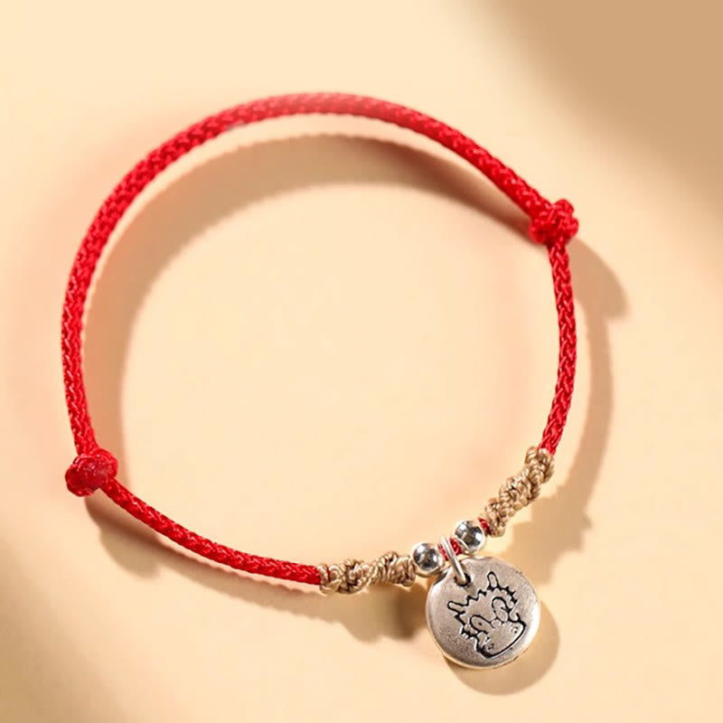 Bracelet tressé en argent sterling 999 fait main avec Buddha Stones Année du Dragon, joli signe du zodiaque chinois - Corde rouge - Dragon (tour de poignet 14-17 cm) - image 0