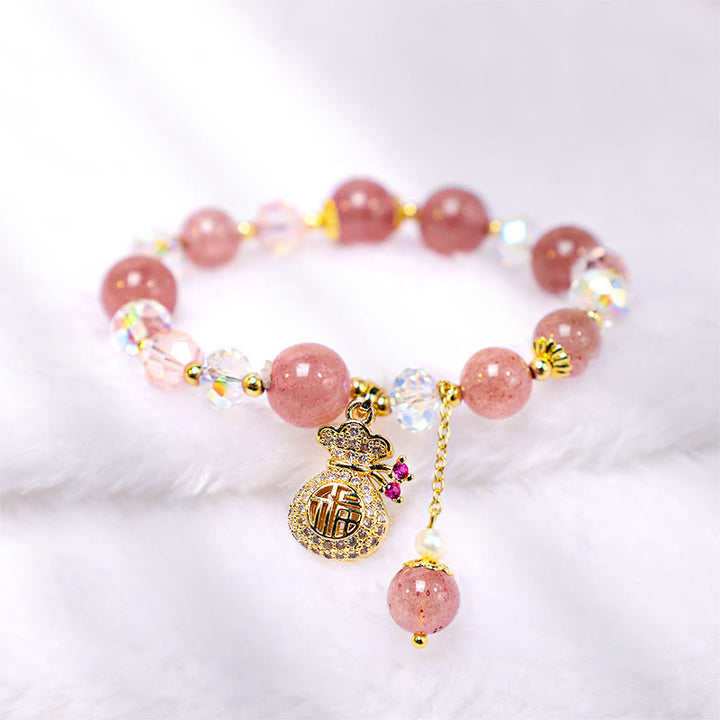 Bracelet porte-monnaie en cristal de quartz fraise naturel Buddha Stones