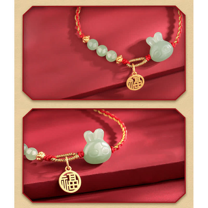Bracelet en argent sterling 925 Buddha Stones et jade Hetian Année du lapin, porte-bonheur et cordon rouge