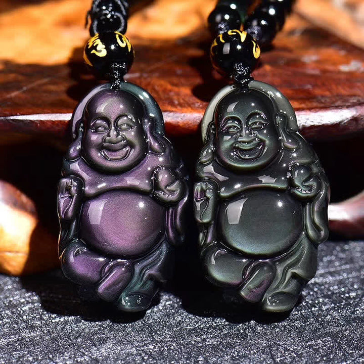 Collier pendentif Bouddha rieur en obsidienne arc-en-ciel naturelle pour la paix intérieure - Fil d'obsidienne arc-en-ciel et de perles - image 1