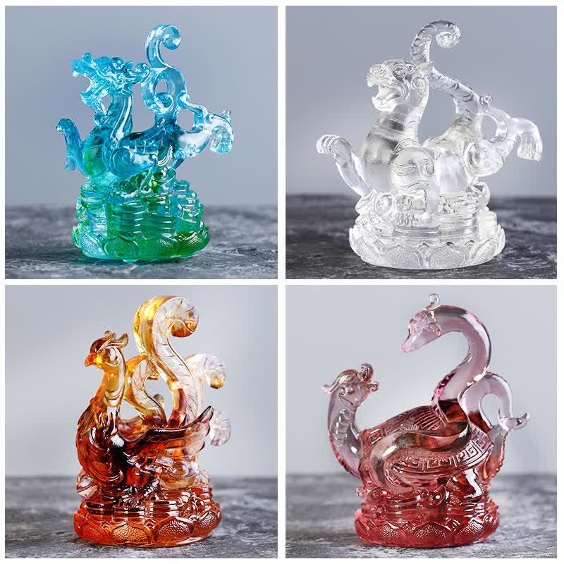 Buddha Stones Feng Shui Quatre symboles Dragon azur Pièce d'art en cristal Liuli faite à la main Décoration de bureau à domicile
