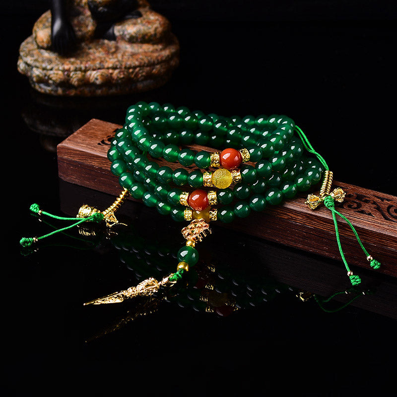 Bracelet Mala de réussite en agate verte naturelle avec 108 perles de Buddha Stones