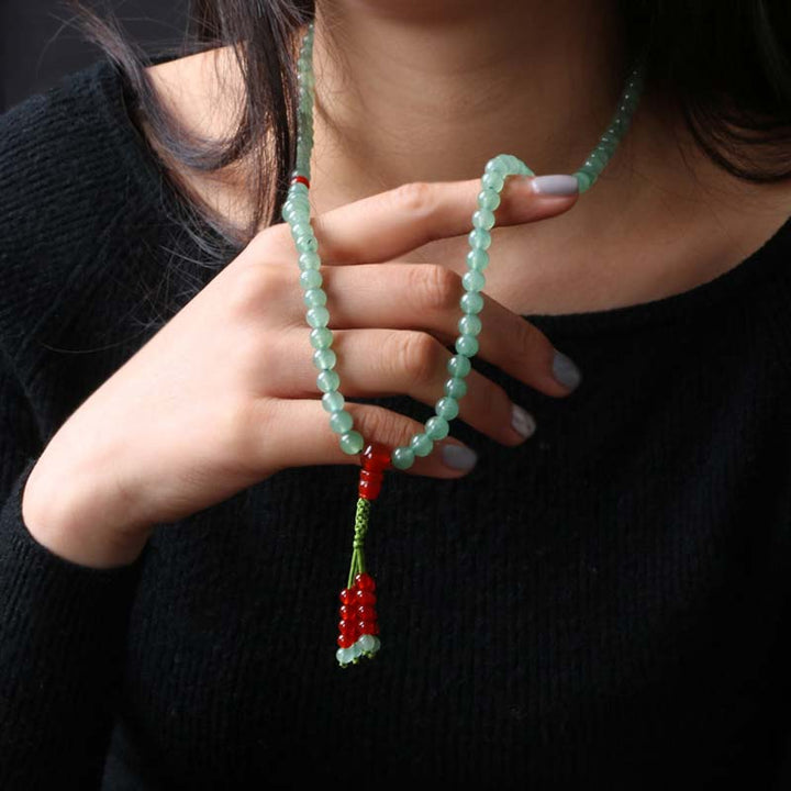 Bracelet Mala porte-bonheur en Buddha Stones, 108 perles, aventurine verte, agate rouge