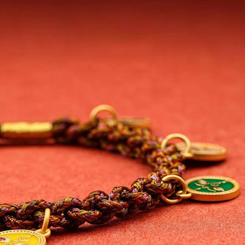 Bracelet Thangka Tibétain en Cordon Tressé Chanceux avec Cinq Dieux de la Richesse