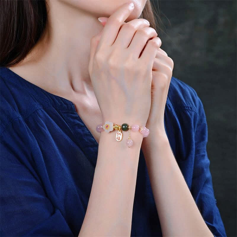 Bracelet d'amour chaleureux en cristal rose naturel avec fleur de jade et Buddha Stones