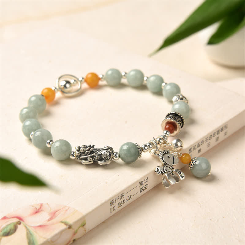 Bracelet de réussite en argent sterling 925 avec Buddha Stones et jade naturel et ambre PiXiu Pony